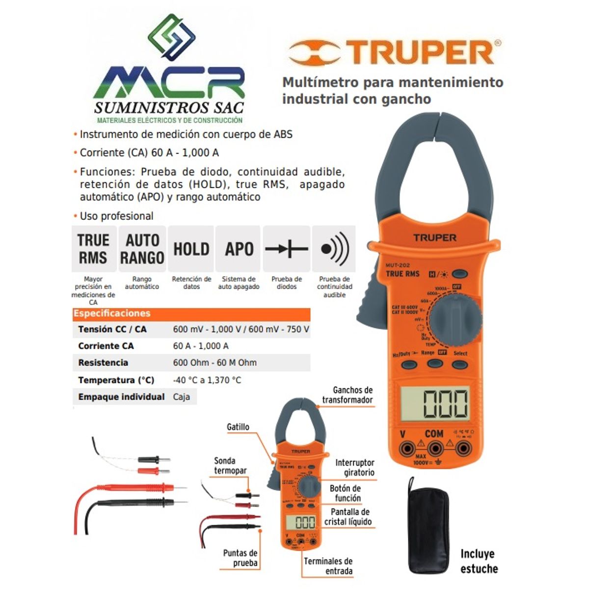 TRUPER - MULTIMETRO PROFESIONAL CON GANCHO 750V MUT-202 TRUPER
