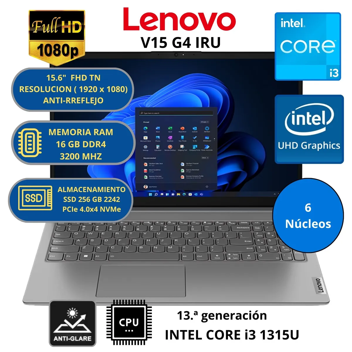 LENOVO - Laptop Lenovo V15 G4 IRU INTEL CORE i3 -RAM 16GB SSD 256 GB 15.6" FHD WINDOWS 11