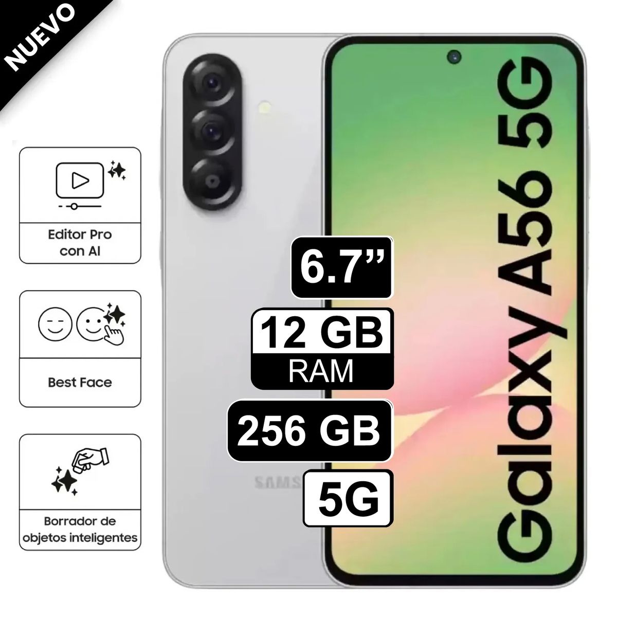 SAMSUNG - Celular Samsung Galaxy A56 5G 256GB 12GB RAM cámara principal 50MP frontal 12MP 67 Blanco