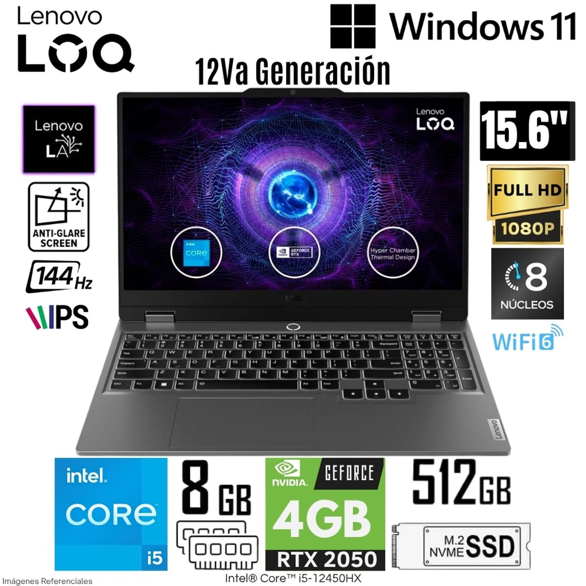 LENOVO - Laptop Lenovo LOQ Intel Core i5-12450HX 8GB DDR5 RAM 512GB SSD RTX 2050-4GB 15.6"  FHD -  83GS004LLM