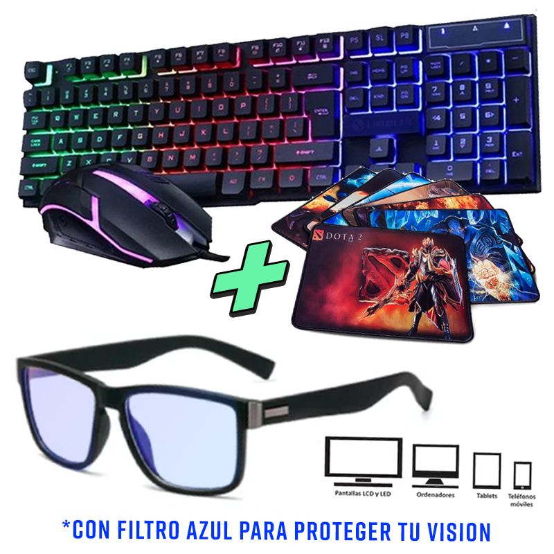 GENERICO - Combo Gamer 3 en 1 Teclado Mouse led Pad + lentes con filtro azul