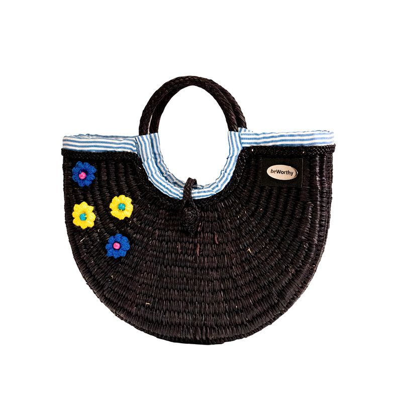 LLUMP'AQ - Cartera de paja toquilla negra con flores de algodón