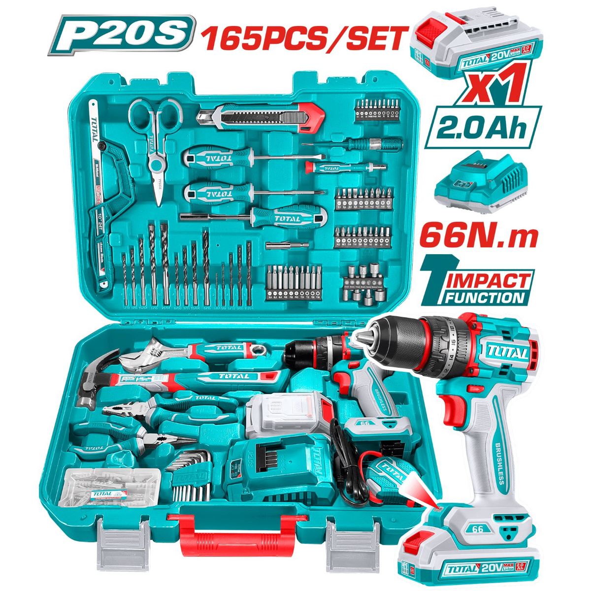 TOTAL TOOLS - Taladro Percutor Con Juego De Herramientas 165pcs Total - THKTHP11652