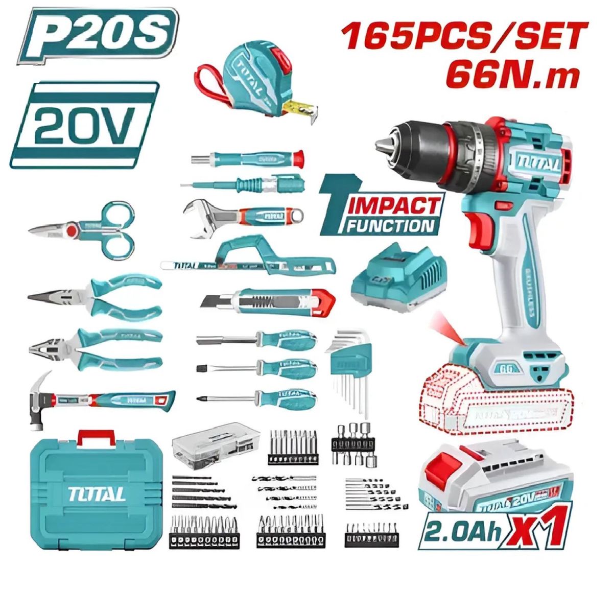TOTAL TOOLS - Taladro Percutor Con Juego De Herramientas 165pcs Total - THKTHP11652