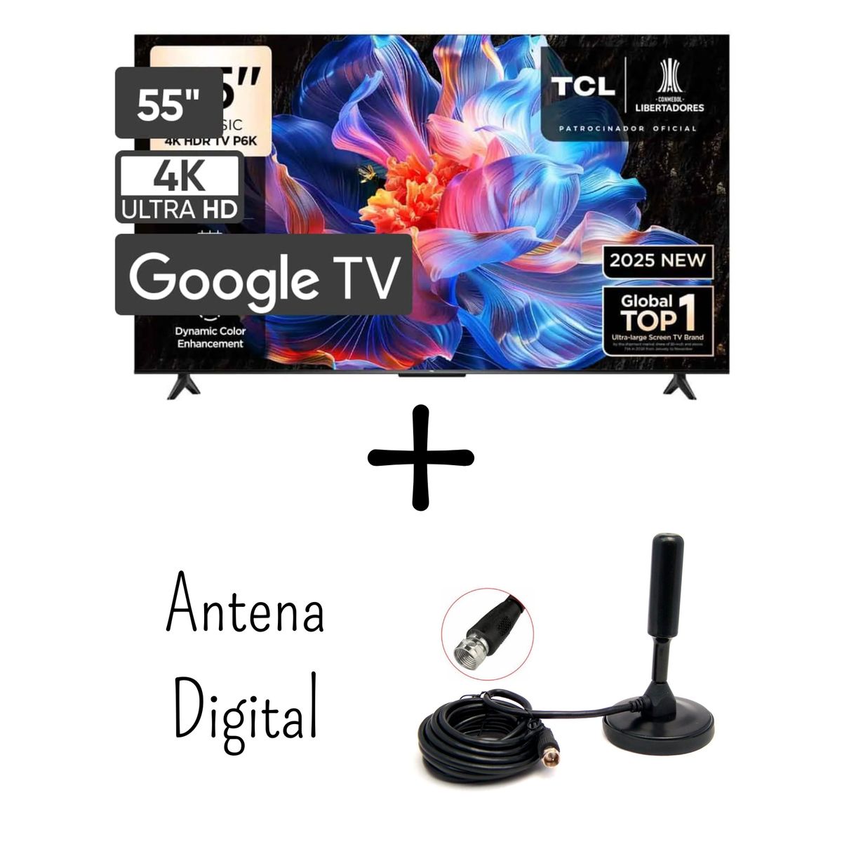 TCL - Televisor TCL 55 Pulgadas 4K HDR Google Tv 55P6K + Antena Digital (Modelo 2025)