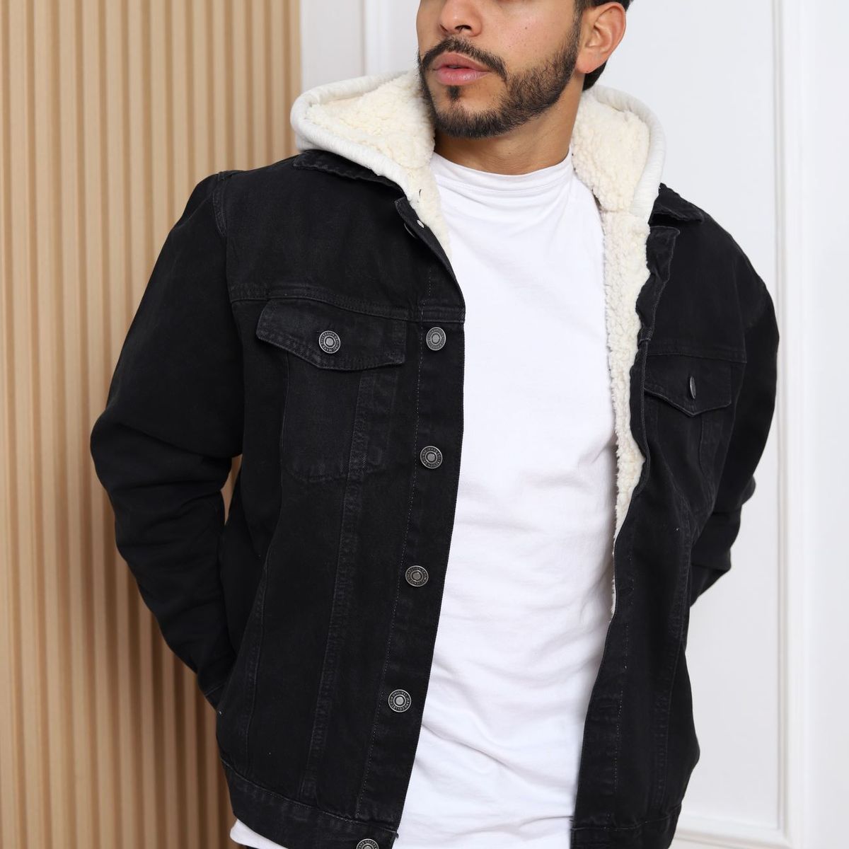 QH - Casaca Denim Forrada con Capucha de Peluche para Hombre