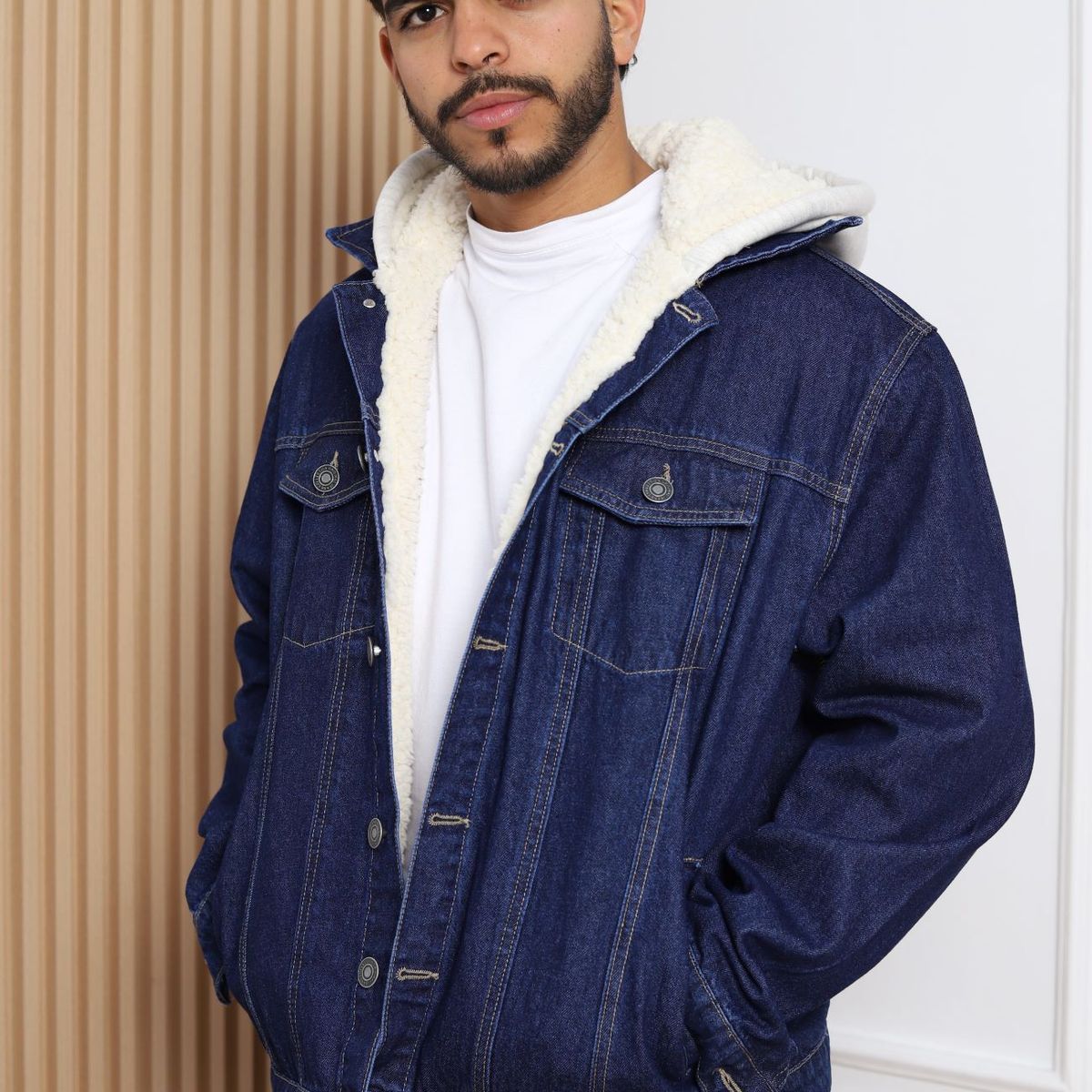 QH - Casaca Denim Forrada con Capucha de Peluche para Hombre