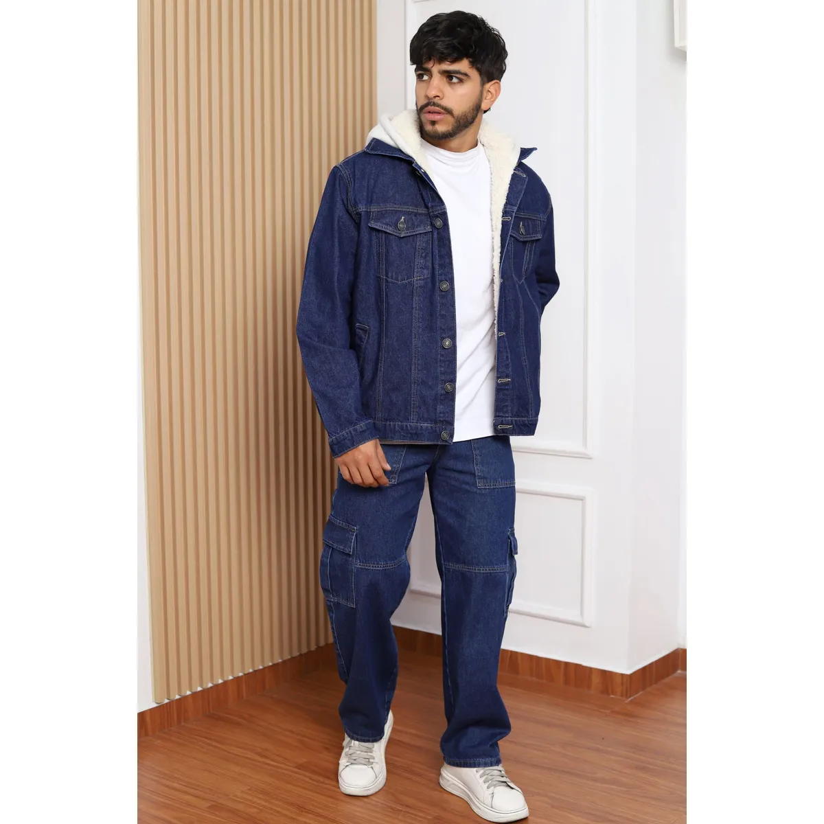 QH - Casaca Denim Forrada con Capucha de Peluche para Hombre