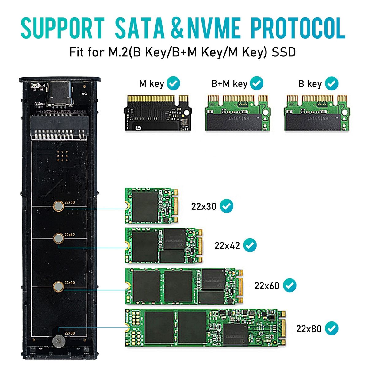 OEM - Carcasa externa Case para SSD M.2 NVMe y SATA USB-C 3.2 Gen2 10 Gbps