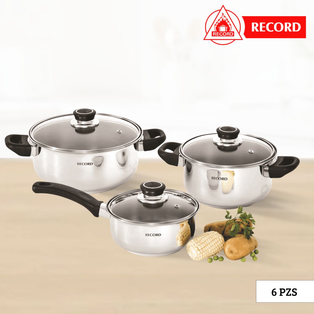 RECORD - Juego de Olla Basic Set Tapa de Vidrio 6 Piezas Record
