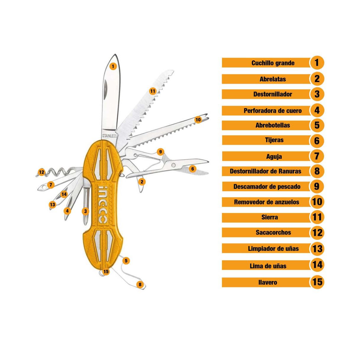 INGCO TOOLS - Cuchilla Multifunción 15 Usos Navaja Premium Ingco Hmfk8158