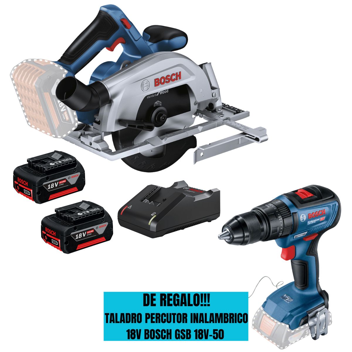 BOSCH - Sierra Circular GKS 185-LI +Taladro percutor GSB 18V-50 +Kit Bat Bosch