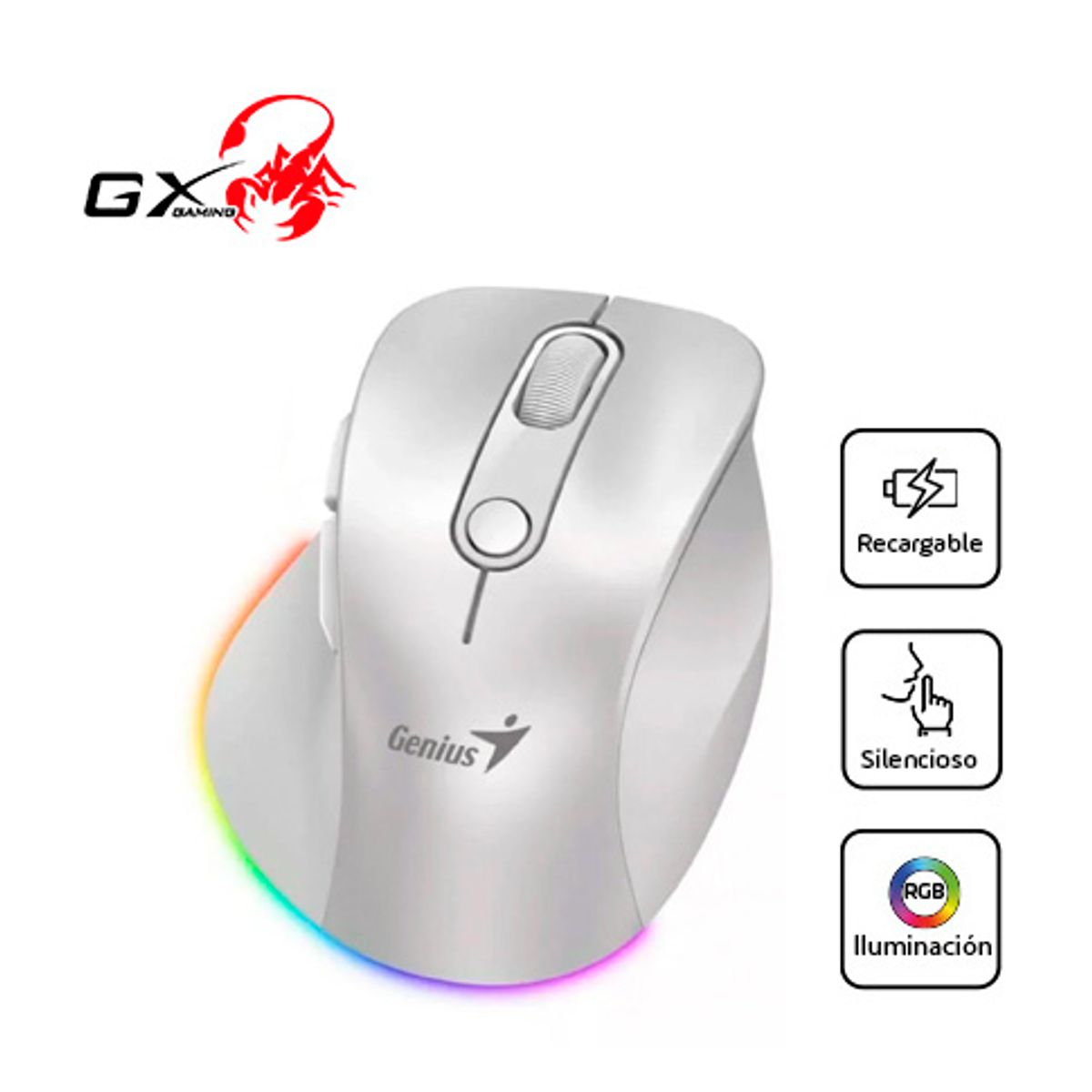 GENIUS - Mouse ERGO 9000S PRO Inalámbrico Pro Dual Recargable RGB Pearl White