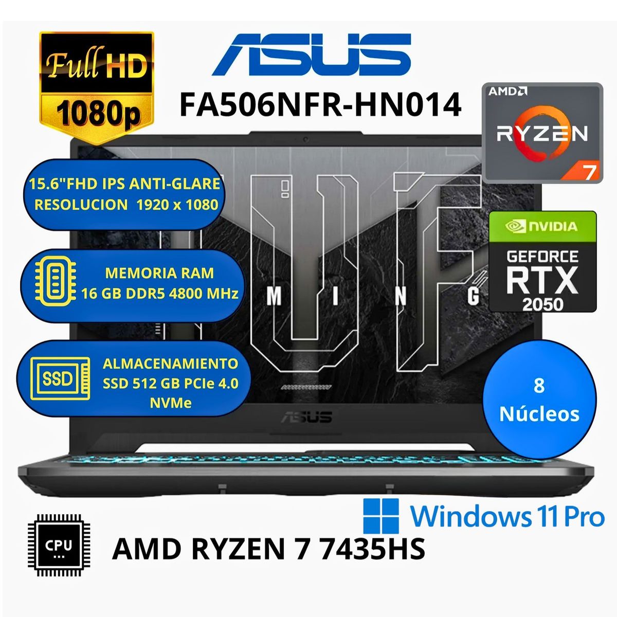 ASUS - Laptop ASUS TUF GAMING A15 15.6" FHD Ryzen 7-7435HS 16GB RAM 512GB SSD RTX 2050 4GB FA506NFR-HN014