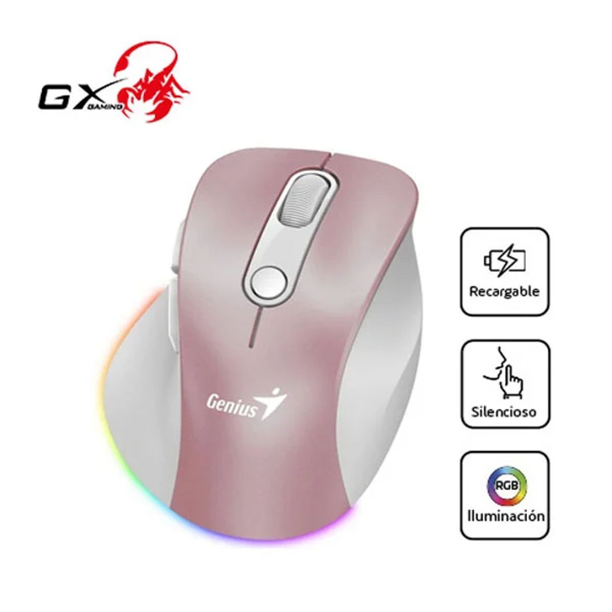 GENIUS - Mouse ERGO 9000S PRO Inalámbrico Pro Dual Recargable RGB PINK