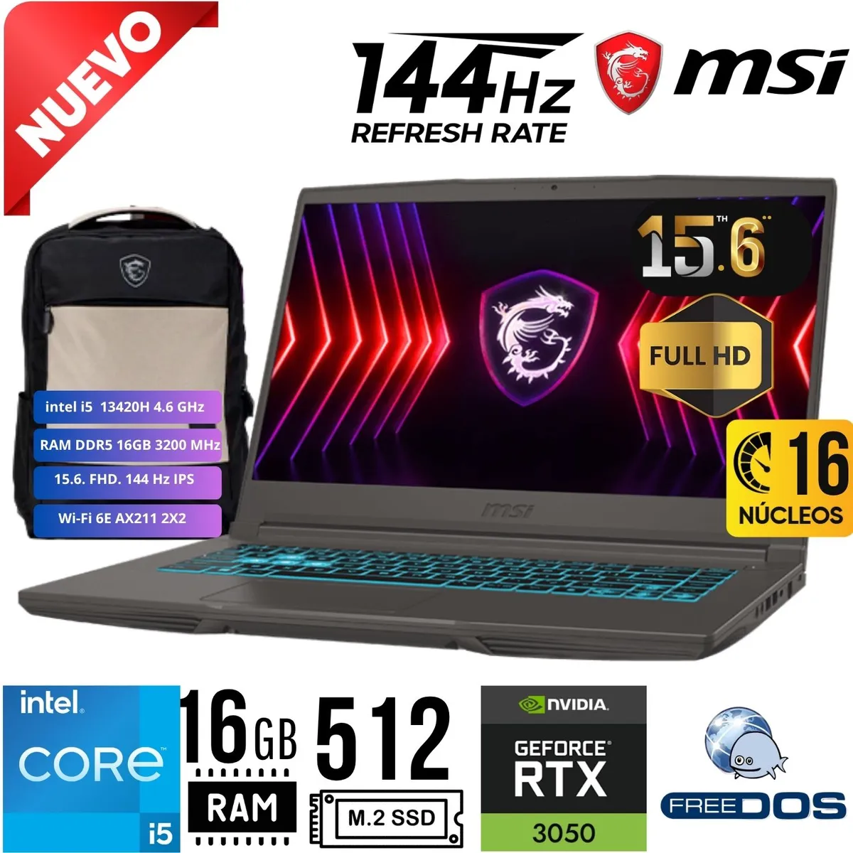 LENOVO - Laptop MSI THIN B13UC 15.6" FULL HD 144Hz Intel I5 13420H RAM 16GB SSD 512GB  RTX 3050 4GB FREE DOS