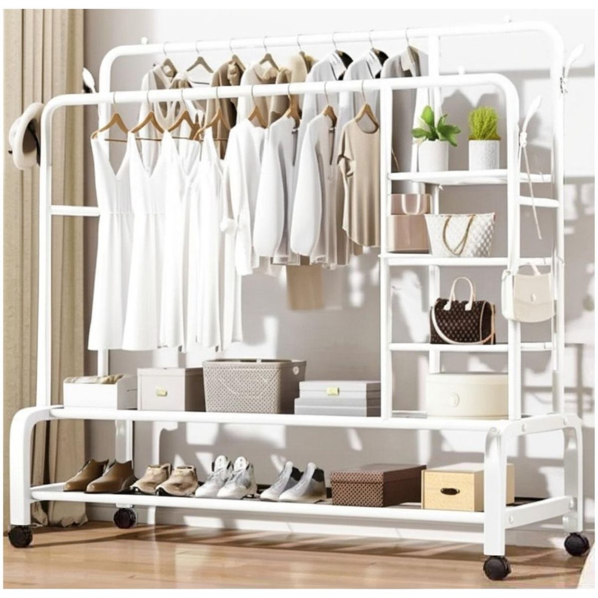 GENERICO - Colgador de Metal con Ruedas con Doble Barra 160x110x55cm Blanco