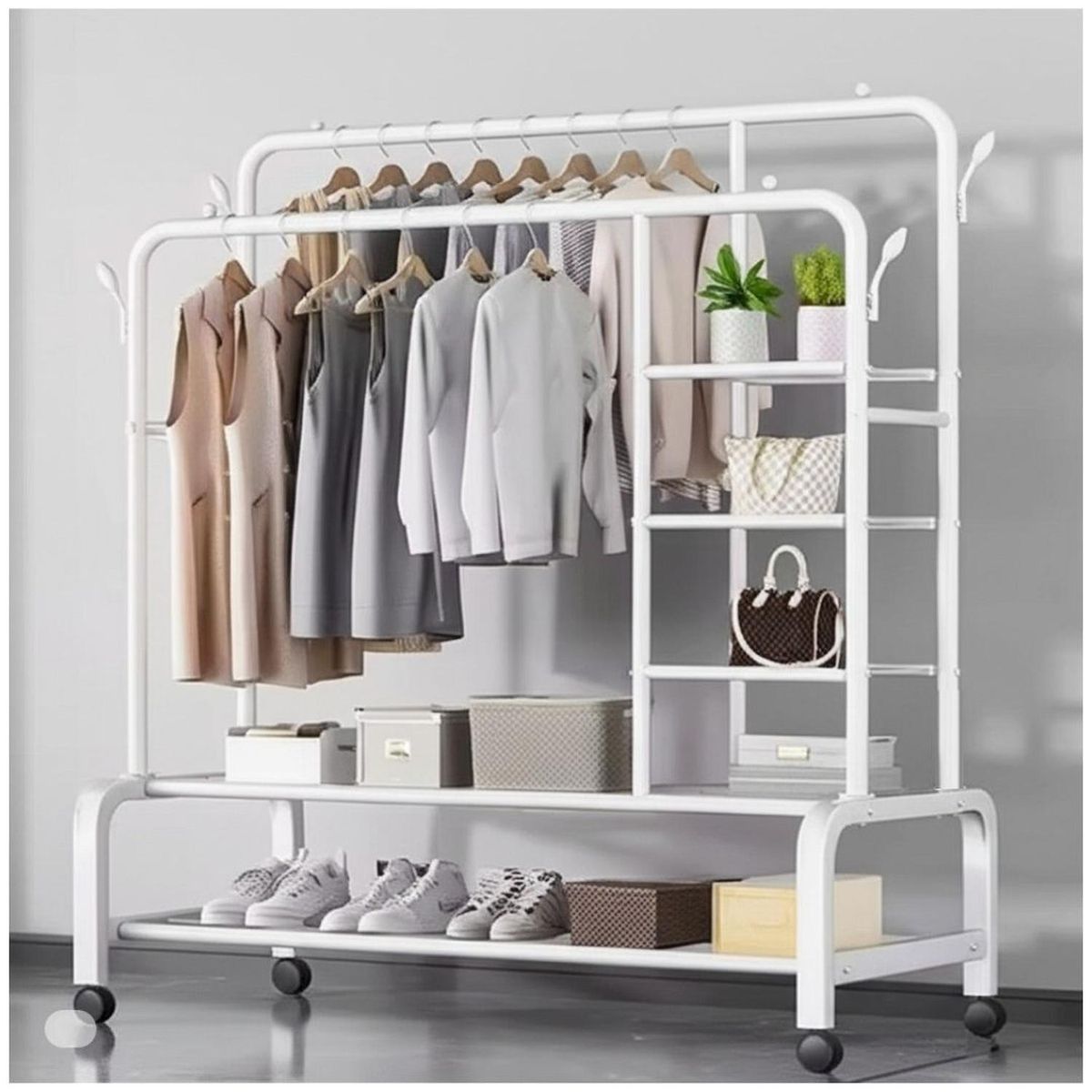 GENERICO - Colgador de Metal con Ruedas con Doble Barra 160x110x55cm Blanco