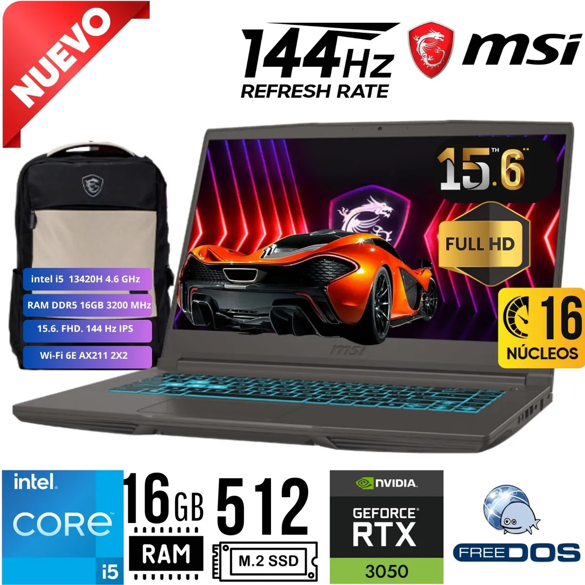 MSI - LAPTOP MSI Thin 15 B13UC 15.6" FHD IPS, i5-13420H 13va Ram 16GB SSD 512GB  RTX 3050 4GB FREEDOS