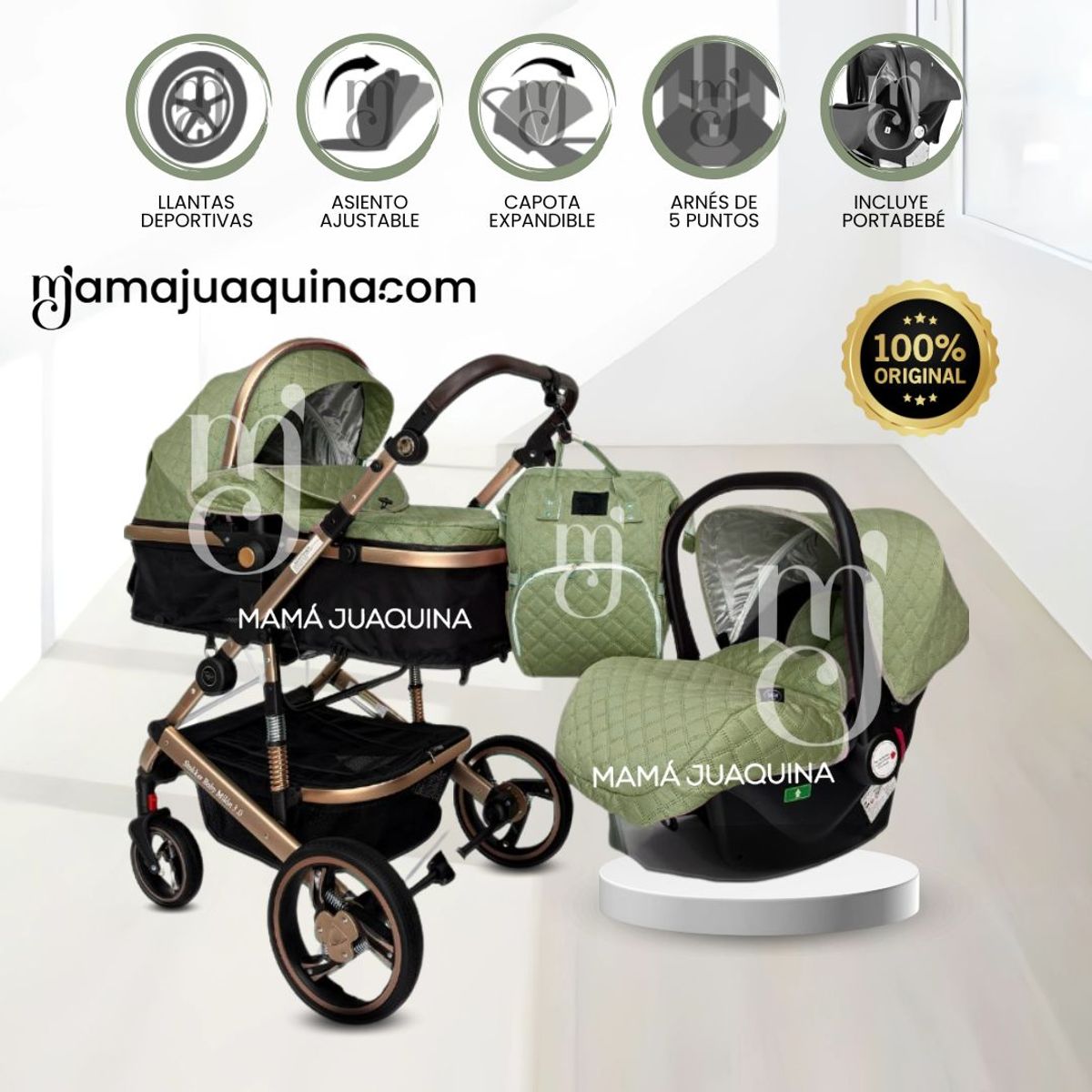 BEAUTIFUL - Coche Moisés de lujo 3 en 1 «L´MILANE» Green