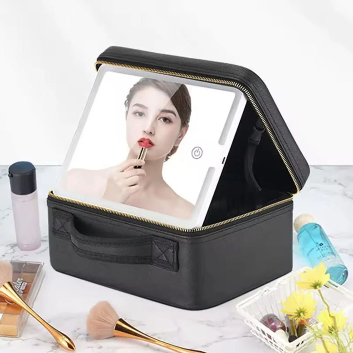 GENERICO - Maleta Organizador De Maquillaje con Espejo Recargable Luz Led - Negro