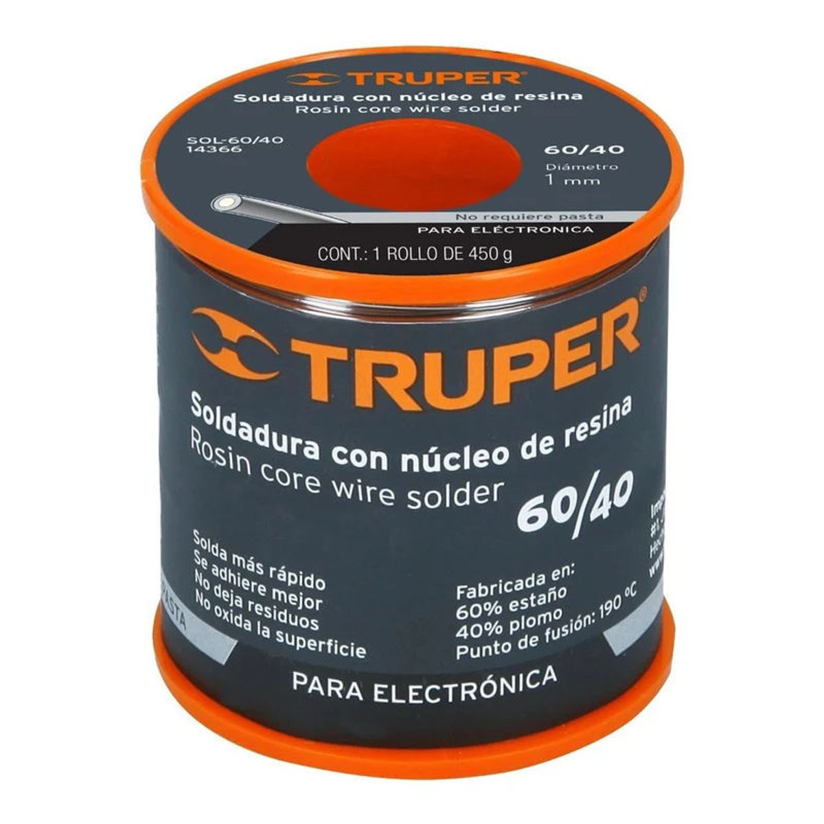 Truper - Rollo de Estaño Soldadura Con Núcleo Resina 60-40 1mm 450 G Truper - 14366