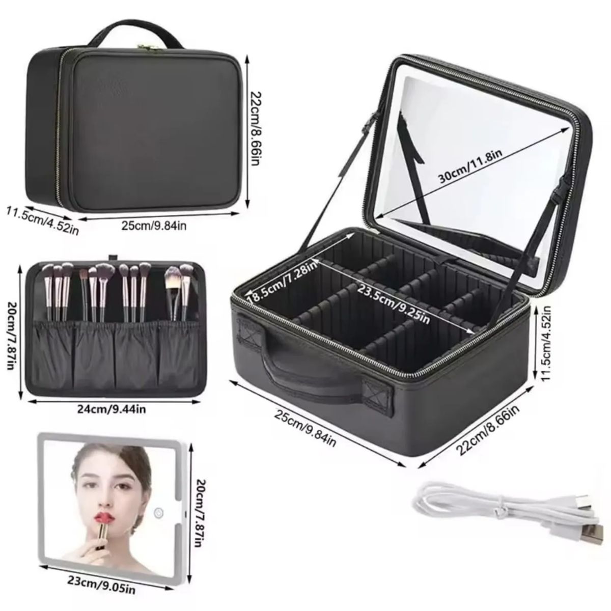 GENERICO - Maleta Organizador De Maquillaje con Espejo Recargable Luz Led - Negro