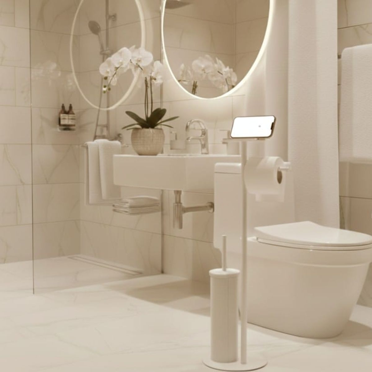 GENERICO - PORTA ROLLOS Y ESCOBILLON CON REPISA BLANCO ACERO QUIRURGICO SENSEA