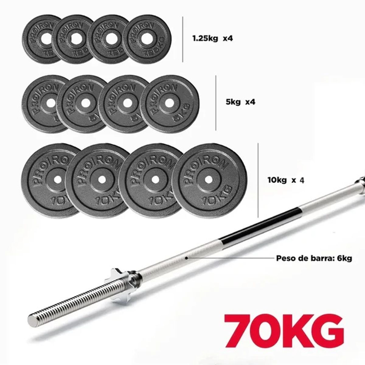 PROIRON - Set de Pesas de Hierro Fundido con Barra 70 KG