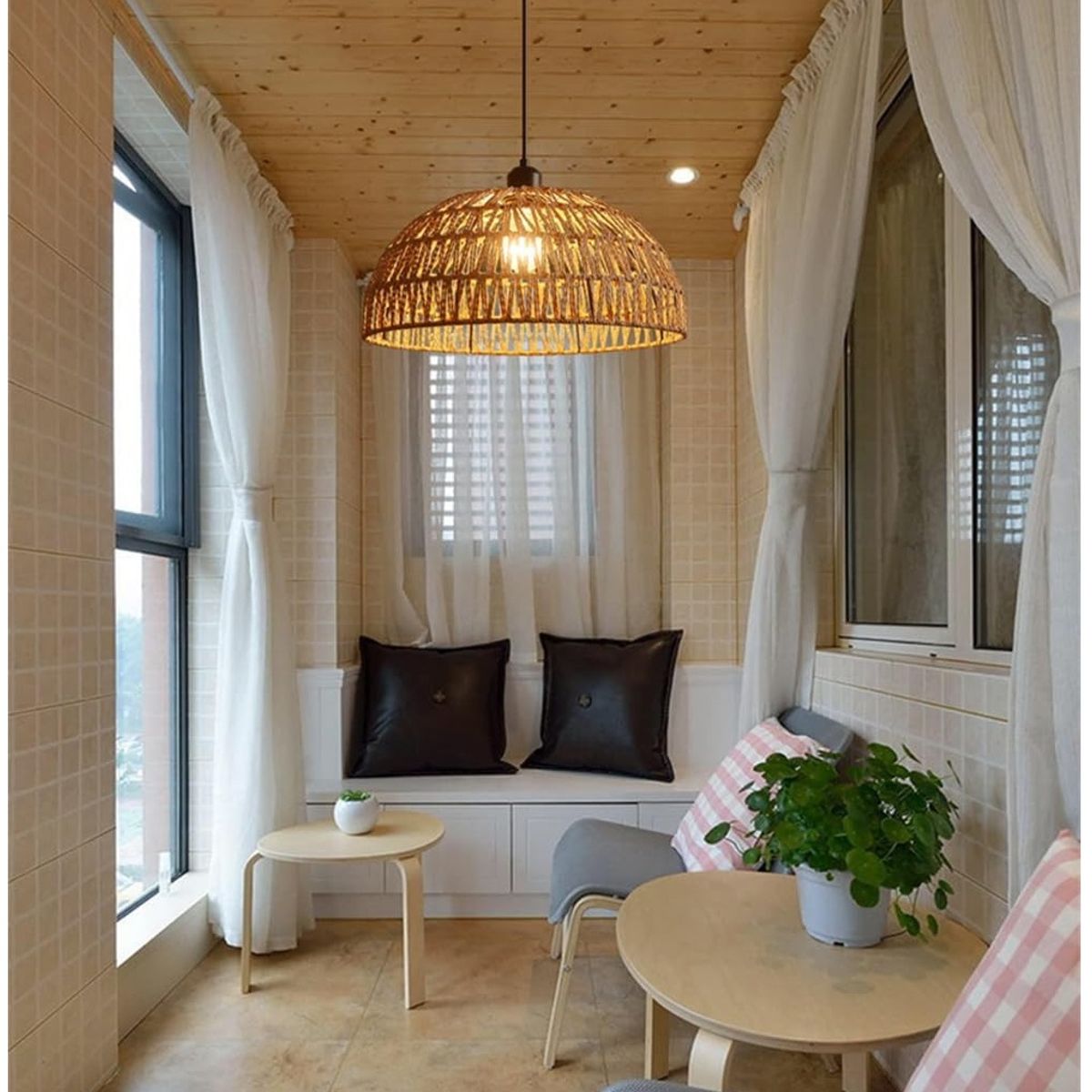 GENERICO - Lámpara colgante de cuerda de cáñamo bohemio tejido a mano