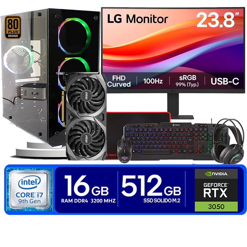 Computadora Pc Intel Core i7 9700  Monitor 24 fhd' RAM 16 GB SSD 500 Tvideo 06