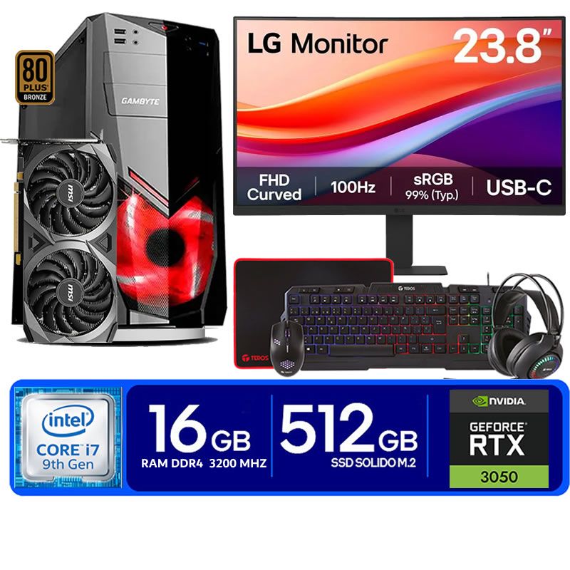 Computadora Pc Intel Core i7 9700  Monitor 24 fhd' RAM 16 GB SSD 500 Tvideo 06
