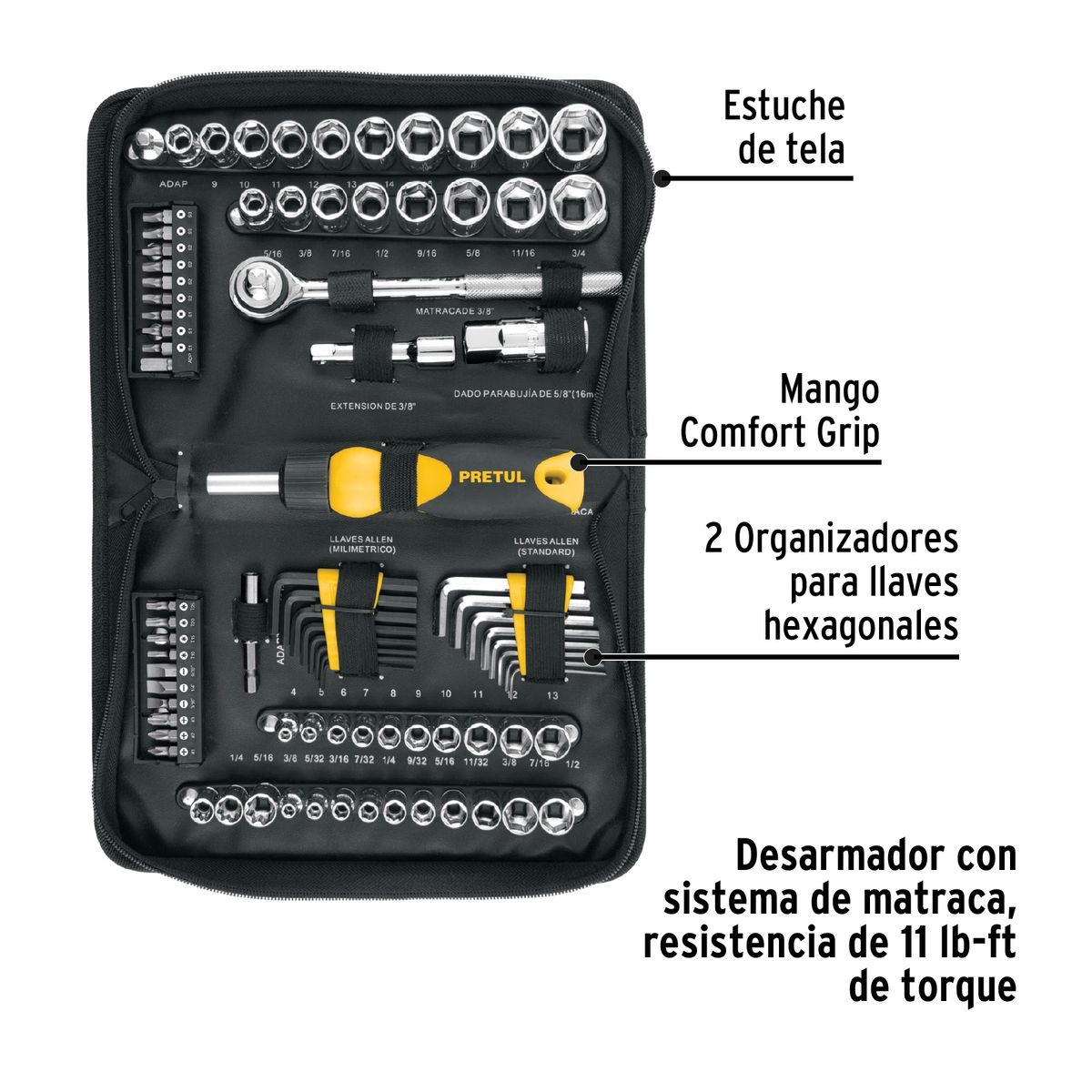 PRETUL - Juego de 83 herramientas 1/4" y 3/8" para mecánico, Pretul