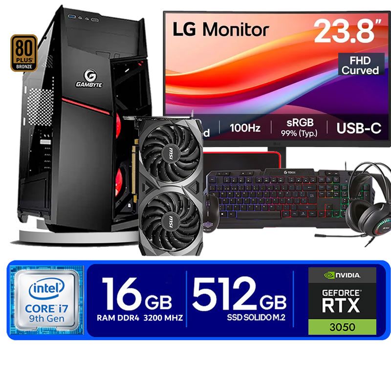 Computadora Pc Intel Core i7 9700  Monitor 24 fhd' RAM 16 GB SSD 500 Tvideo 06