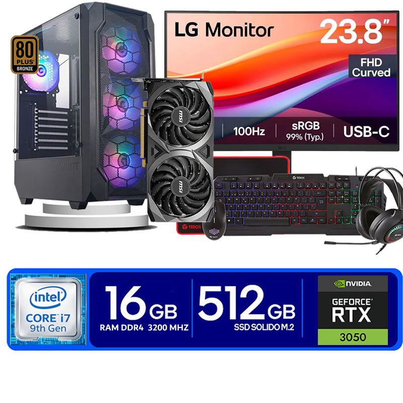 Computadora Pc Intel Core i7 9700  Monitor 24 fhd' RAM 16 GB SSD 500 Tvideo 06