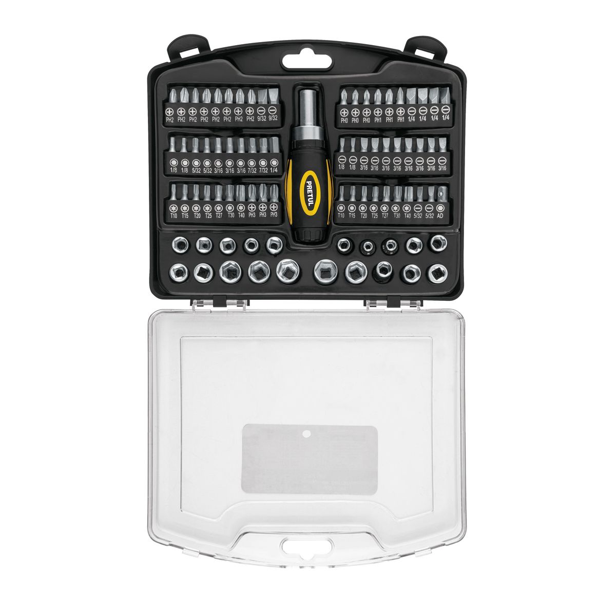 PRETUL - Juego de dados y desarmador 81 herramientas 1/4" para mecánico, Pretul