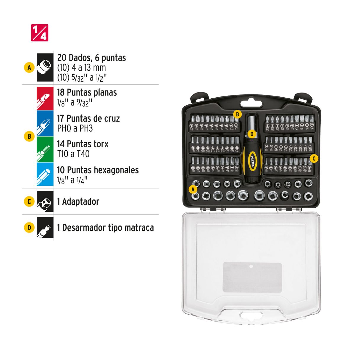 PRETUL - Juego de dados y desarmador 81 herramientas 1/4" para mecánico, Pretul