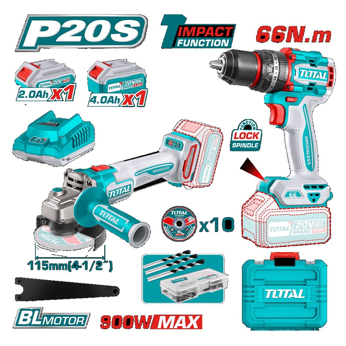 TOTAL TOOLS - COMBO KIT INDUSTRIAL: TALADRO PERCUTOR 66NM 13MM + AMOLADORA  41/2"  BRUSHLESS TOTAL - TCKLI20273