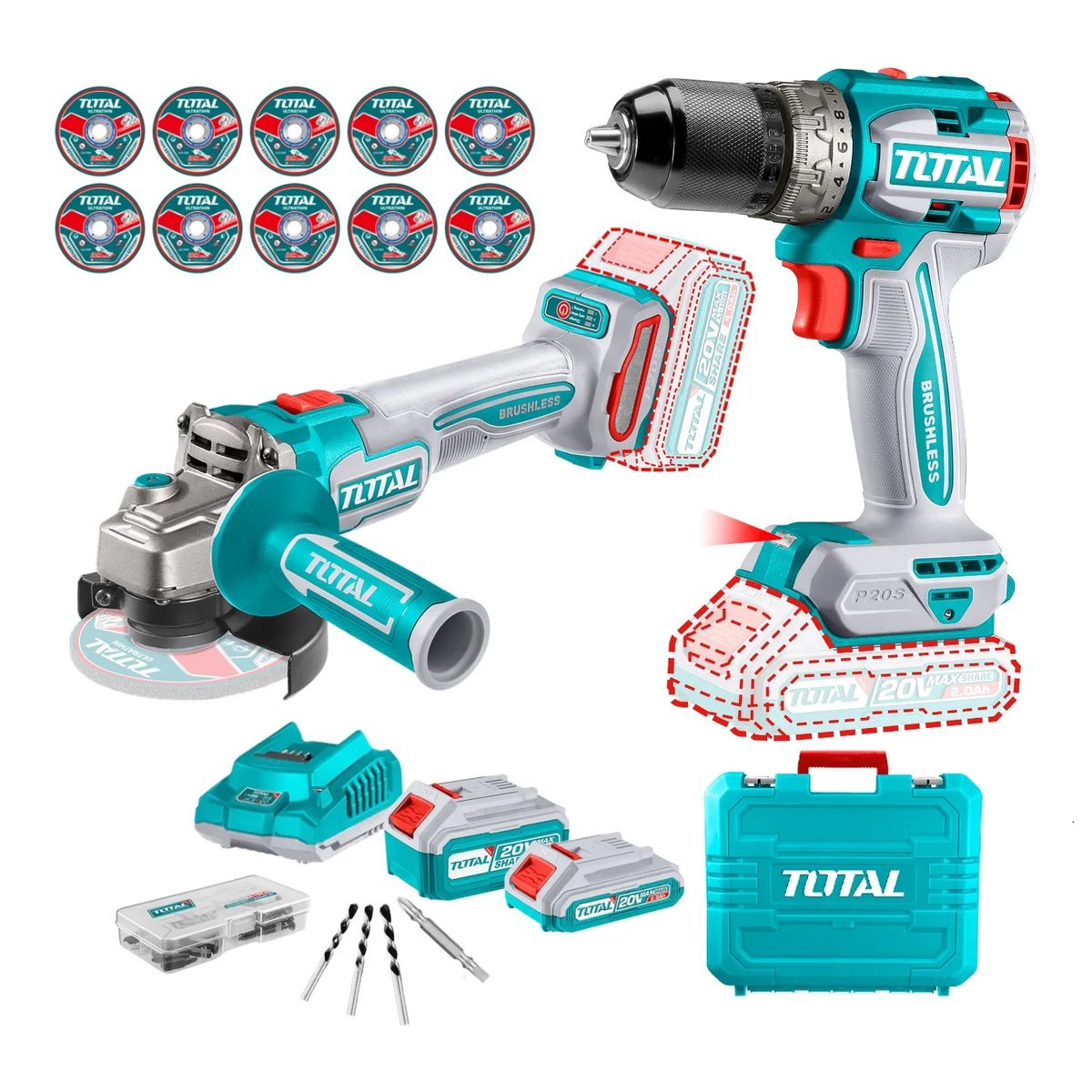 TOTAL TOOLS - COMBO KIT INDUSTRIAL: TALADRO PERCUTOR 66NM 13MM + AMOLADORA  41/2"  BRUSHLESS TOTAL - TCKLI20273