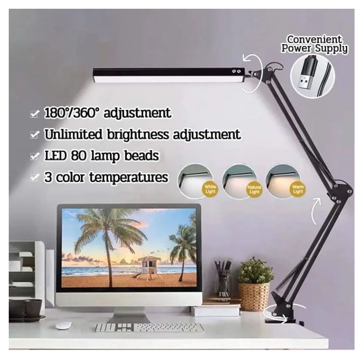 SEISA - Lámpara De Escritorio Con Brazo Ajustable De Metal con 3 Tonos de LUZ