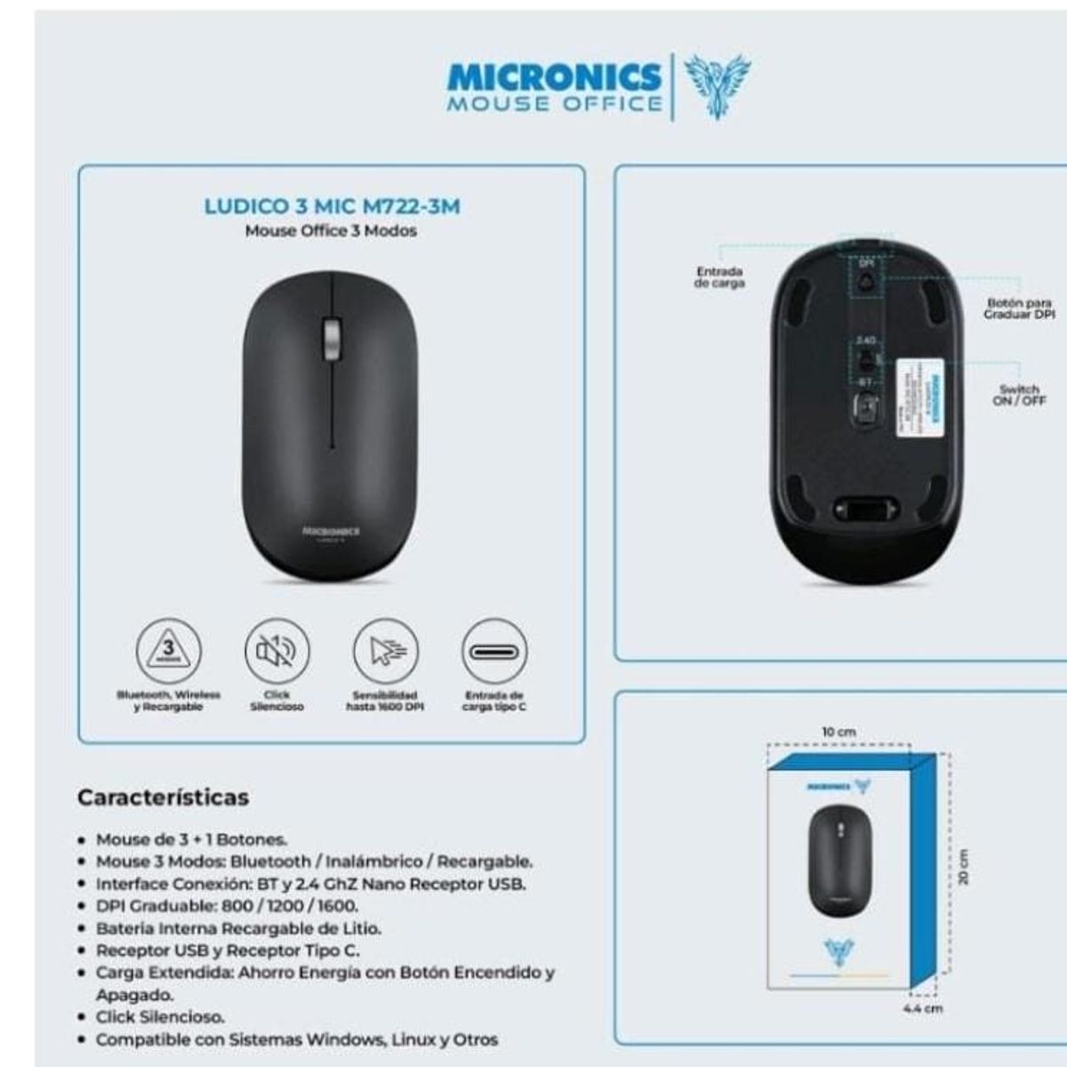 MICRONICS - Mouse Recargable MICRONICS Cyb Negro M7X
