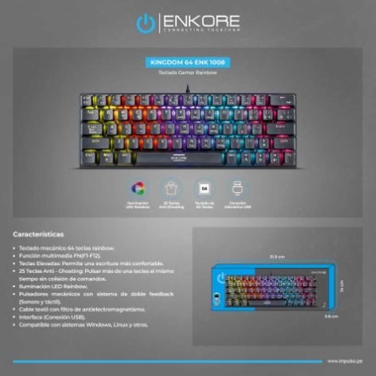 ENKORE - TECLADO GAMER MECANICO USB ENKORE KINGDOM 64 ENK1008 RAINBOW