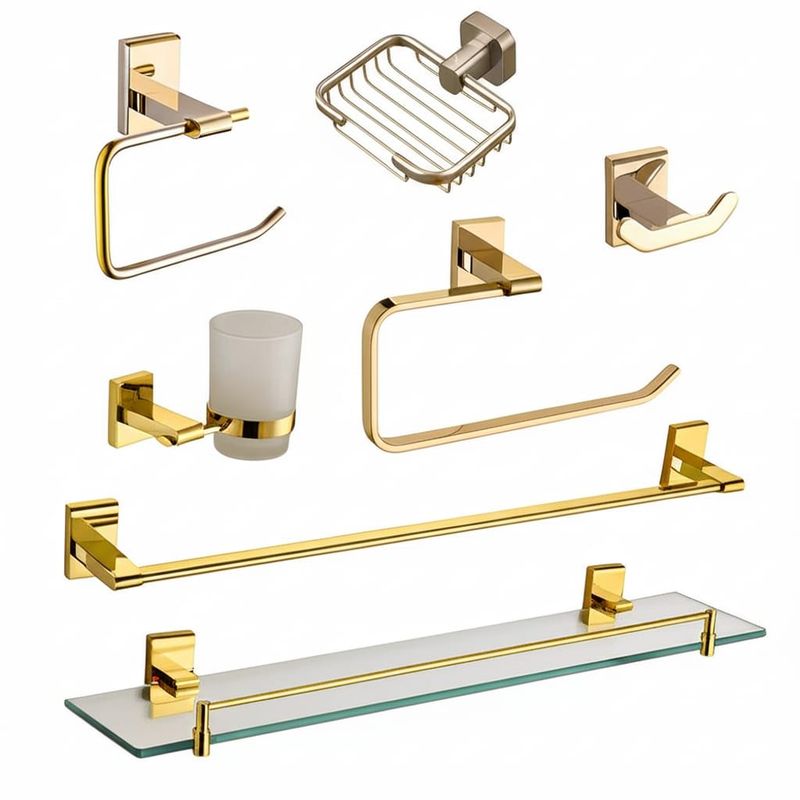 GENERICO - SET Juego de 7 Accesorios de Baño Acero Premium - Dorado Oro Brillante