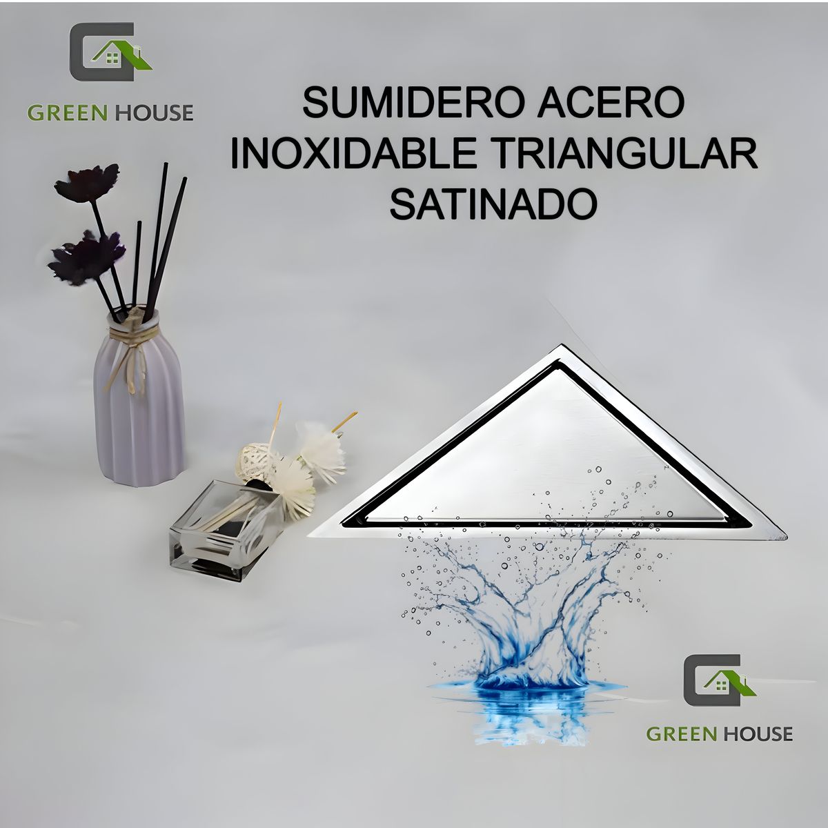 GREEN HOUSE - SUMIDERO REVERSIBLE TRIANGULAR  ACERO SUS 304 DE 20x20x28 CM SATINADO