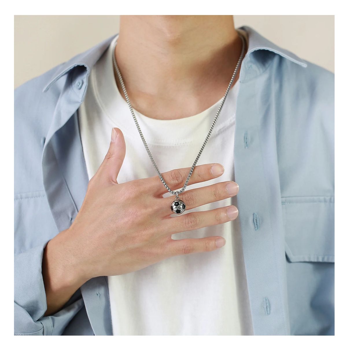 OEM - Collar Hombre Pelota Futbol Fino Acero Inoxidable 316L Plateado