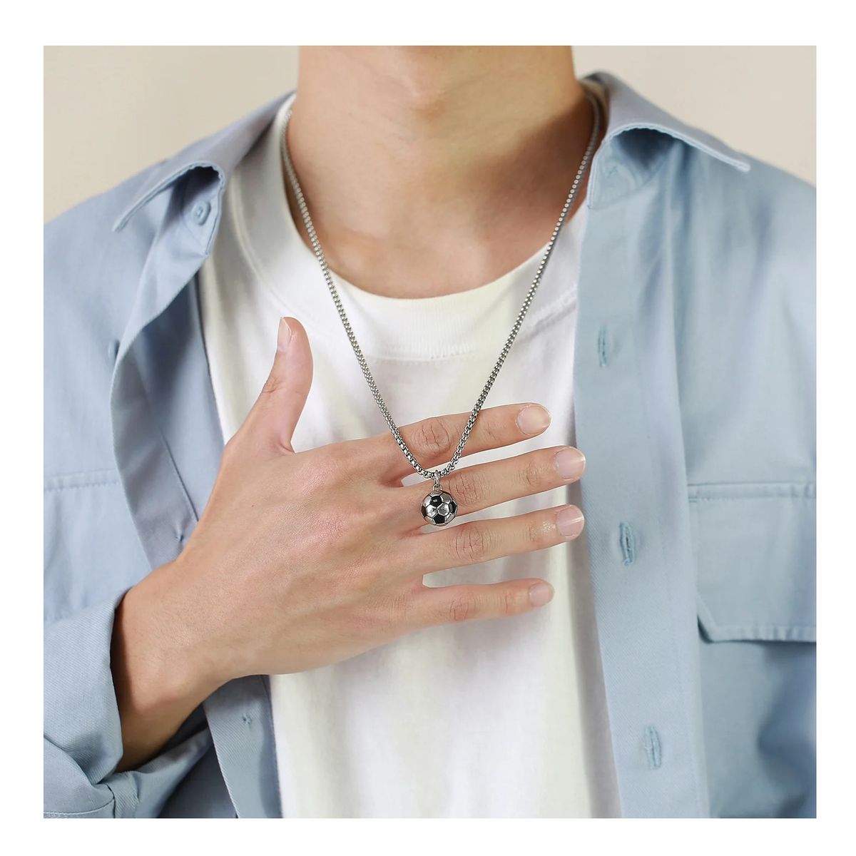 OEM - Collar Hombre Pelota Futbol Fino Acero Inoxidable 316L Plateado