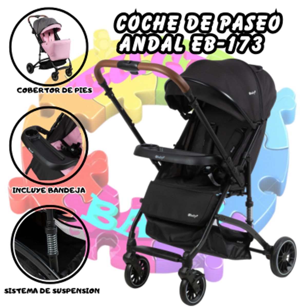 EBABY - COCHE DE PASEO ANDAL 173 CON MANGO REVERSIBLE-NEGRO