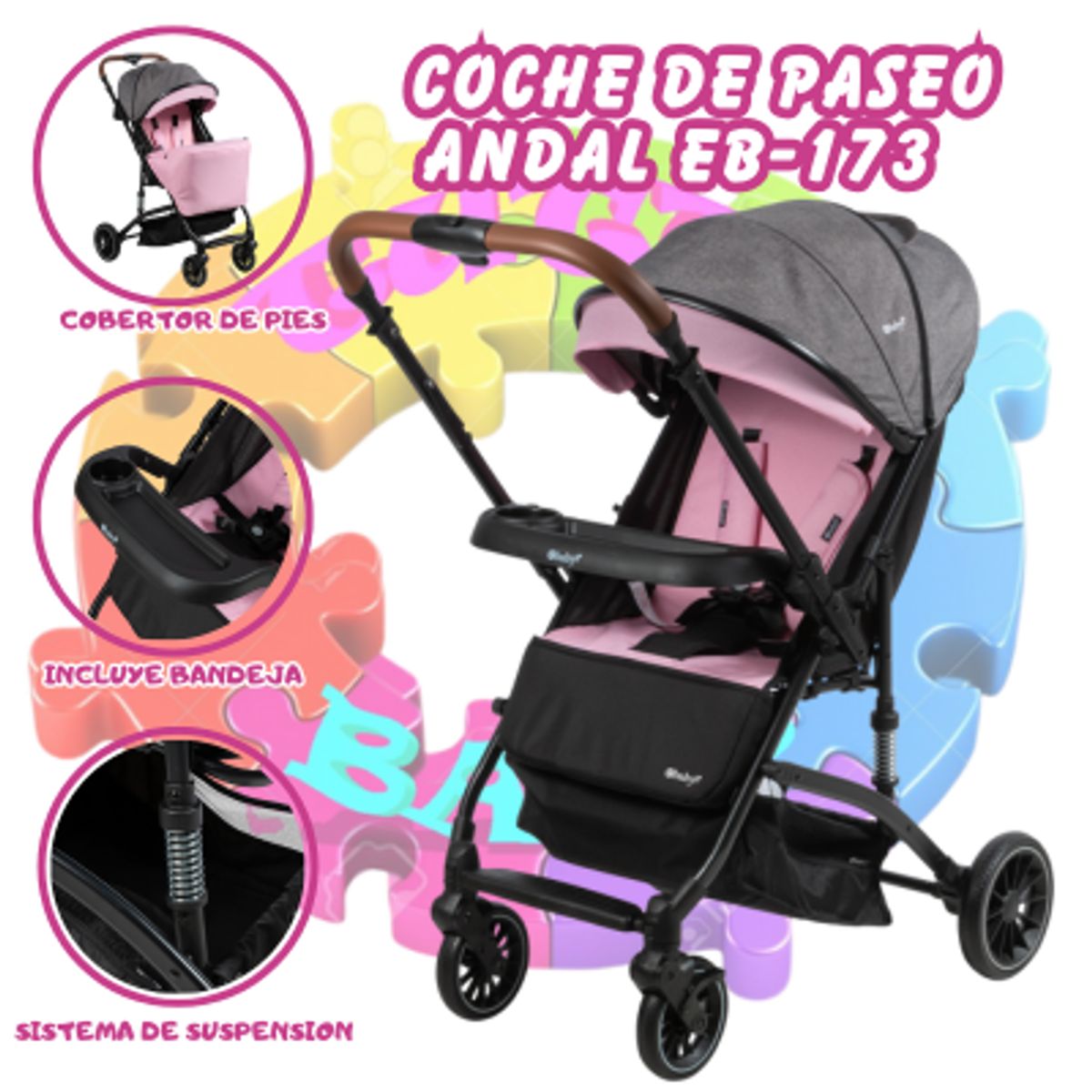 EBABY - COCHE DE PASEO ANDAL 173 CON MANGO REVERSIBLE-ROSADO