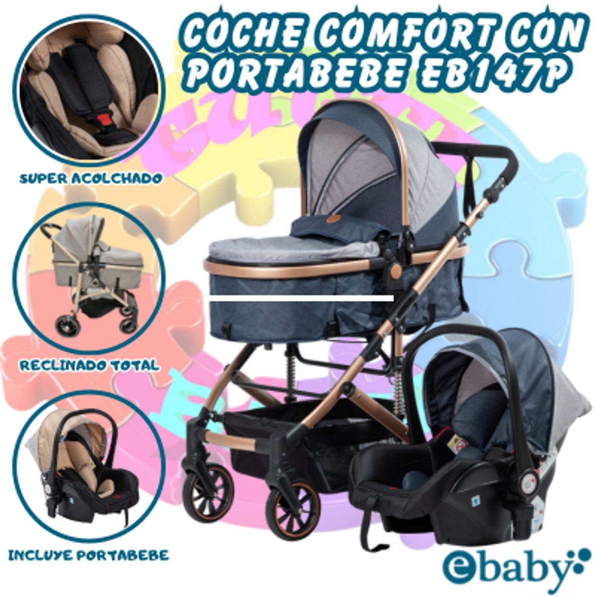 EBABY - COCHE CUNA COMFORT CON PORTABEBE-AZUL