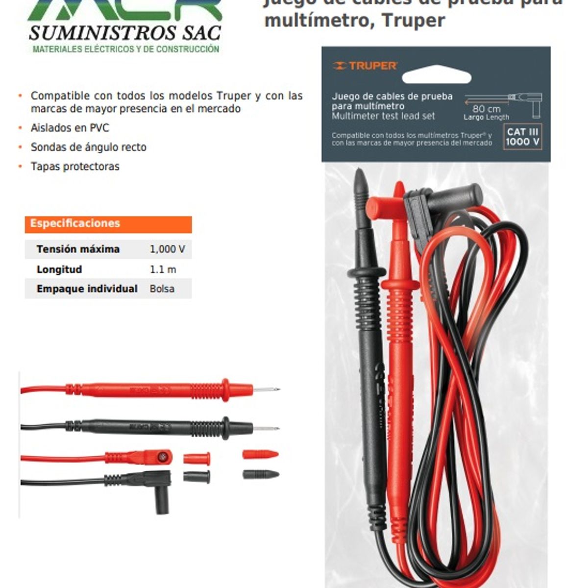 TRUPER - CABLES PARA MULTIMETRO TRUPER COMPATIBLE CON CUALQUIER MARCA 1000V